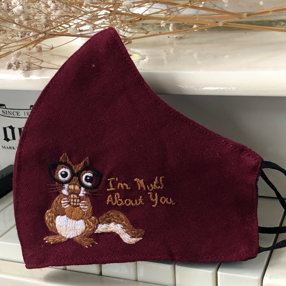 Squirrel Hand embroidered linen face mask